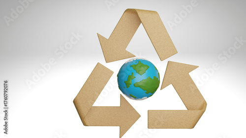 A 3D illustration of a recycle symbol made of earth or a globe with a cardboard shipping box and recycle icon on it, representing global business and international delivery