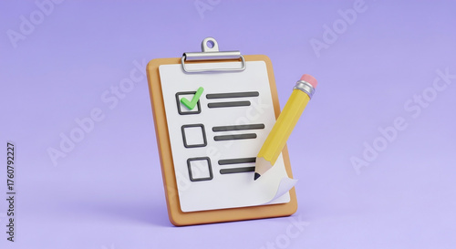 3d rendered checklist on clipboard with pencil showing one item completed on purple background