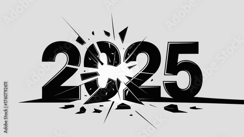The year 2025 shatters into pieces representing a broken future or unexpected change in the new year