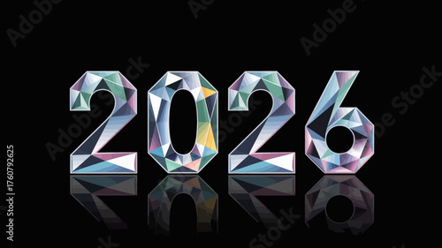 Sparkling crystalline numbers 2026 reflecting on a dark surface with a black background symbolizing the upcoming new year