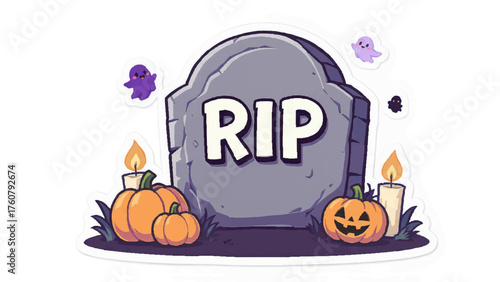 RIP Tombstone with Pumpkins, Candles and Cute Ghosts