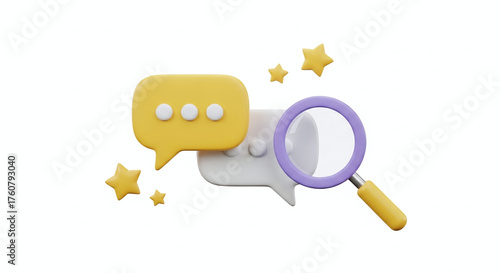3d illustration of a magnifying glass examining chat bubbles and stars symbolizing communication and success