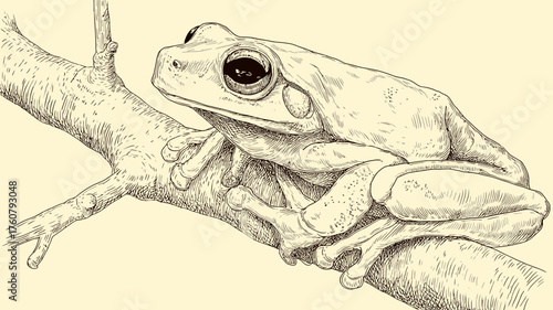 Detailed hand-drawn illustration of a tree frog on a branch, vintage style pen and ink sketch of a wild amphibian.