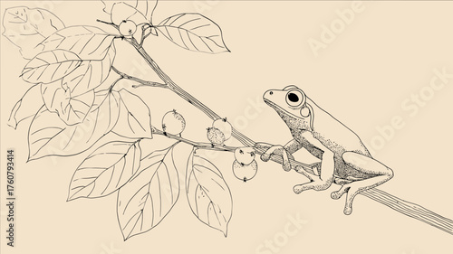 Detailed line art illustration of a tree frog perched on a branch with leaves and small berries, vintage style wildlife drawing