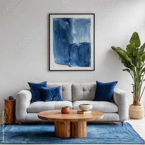 a minimalist living room features a light gray sofa adorned with navy blue velvet pillows, a round wooden coffee table, and a striking abstract painting above, all set on a vibrant blue area rug.
