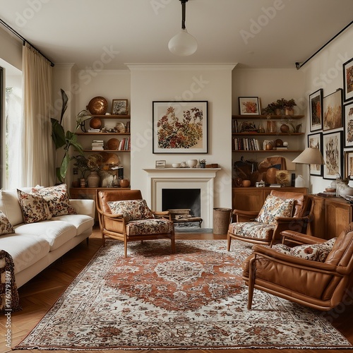 a warmly lit living room features a neutral sofa and leather armchairs arranged around a patterned rug, flanked by built-in bookshelves and a decorative fireplace.