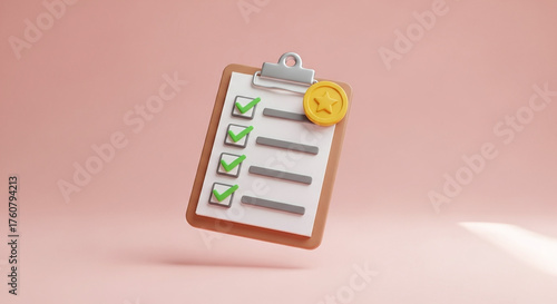 A 3d render of a wooden clipboard with a checklist and a gold coin symbolizing financial success and task completion