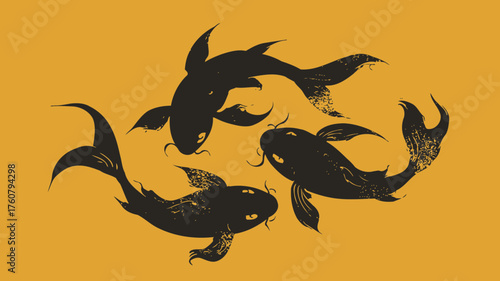 Three stylized black fish swimming in a circular pattern on a golden yellow background, oriental aquatic art, harmony, and balance.