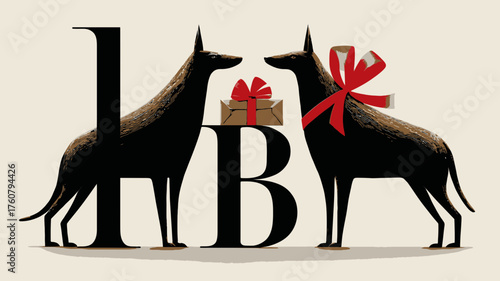 Elegant black dog illustration with red bows and gift, flanking letters I and B, graphic art for celebration or branding concept