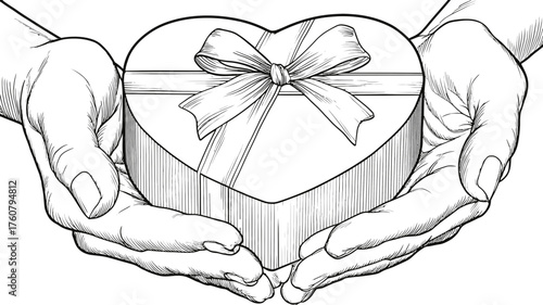 Caring hands offering a heart-shaped gift box adorned with a ribbon bow, symbolizing love, generosity, and thoughtful gestures, hand-drawn vector art.