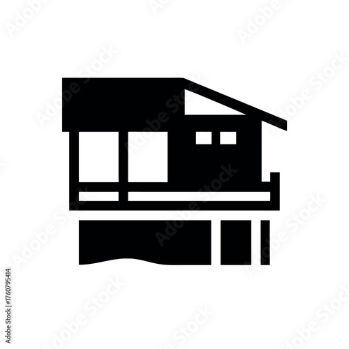 Elegant beachside house with wide open glass windows Line Art Vector illustration