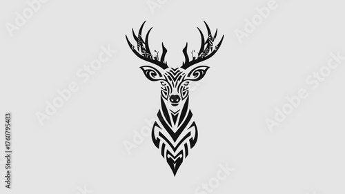 Stylized deer head illustration with intricate tribal patterns and majestic antlers in black and white graphic art design.