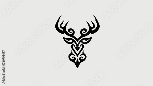 Abstract Black Tribal Deer Head Vector Illustration with Ornate Swirls and Antlers. Elegant Wildlife Symbol Design for Logo, Tattoo, or Graphic Element.