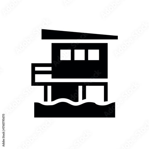Modern beachfront home silhouette with ocean view Line Art Vector illustration