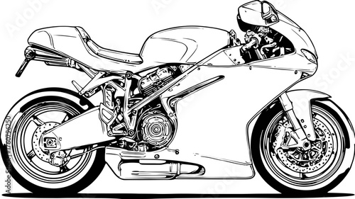 Detailed sport motorcycle line art illustration, high-performance superbike vector drawing, modern motorbike side view sketch