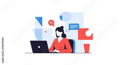 Professional woman working on laptop analyzing data and communicating online