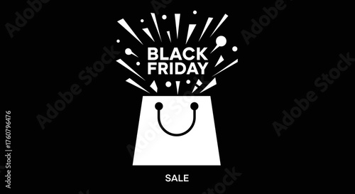 Black Friday sale explosion from white shopping bag vector graphic on black