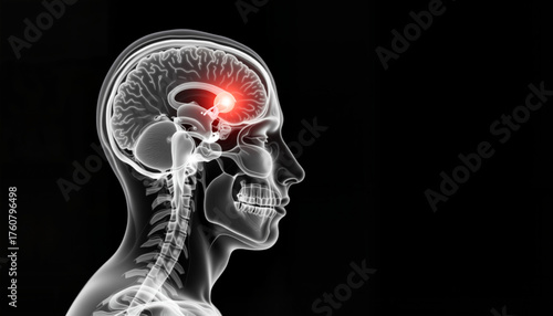 Human skull and brain X-ray illustration with highlighted area  