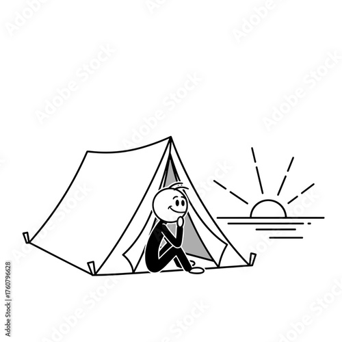 Person sitting outside a tent contemplating sunrise in nature  