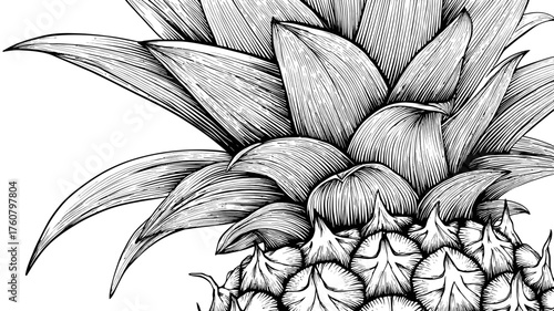 Detailed hand-drawn line art illustration of a pineapple crown, vintage engraving style, monochrome fruit sketch on white background.