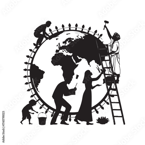 Silhouettes of diverse people working together to decorate and maintain the Earth with lights and tools Keywords: silhouette, people, diversity, earth, globe, world, decoration, lights, garland