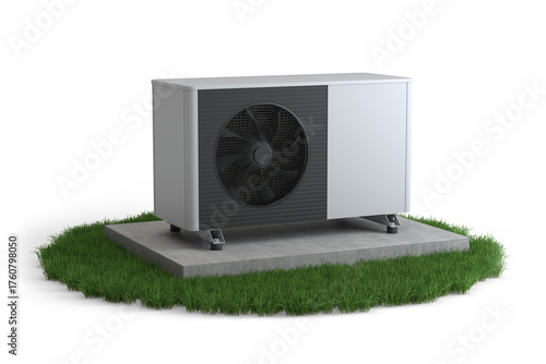 Heat pump unit on grass, isolated on transparent background, 3D illustration