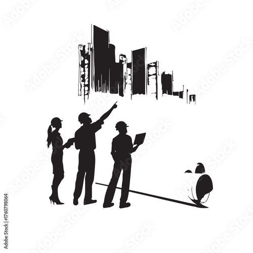 Silhouetted architects or engineers in hard hats examine building plans and a construction site Keywords: architects, engineers, construction, building, city, skyline, development, planning