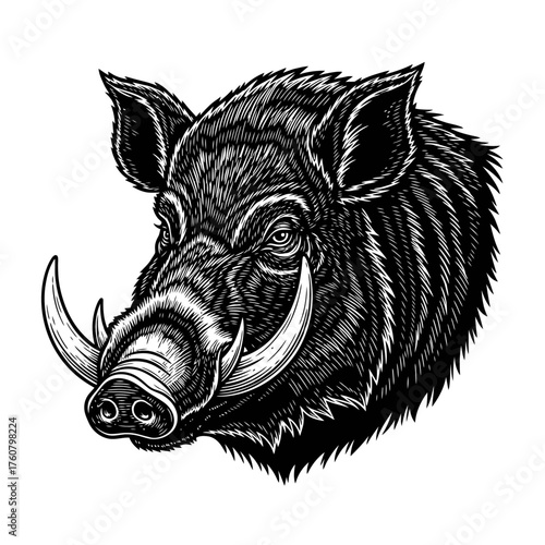 Aggressive Boar Mascot Detailed Wild Pig Face with Sharp Tusks Illustration