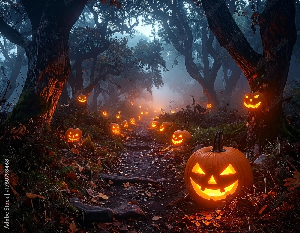 Naklejka premium Foggy path lit by carved pumpkins in spooky autumn woodland scene