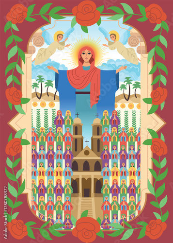 Holy Virgin Mary icon vector. Beautiful Virgin Mary icon on a blue background in the clouds with two angels and women praying.