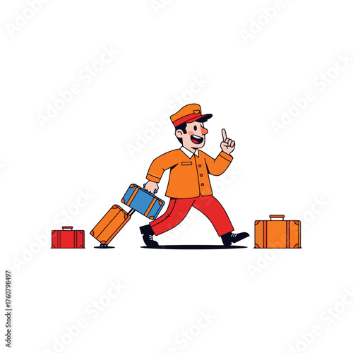 A bellboy character carrying luggage and pointing upwards.