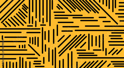 An abstract straight line pattern on a black and yellow background. Can be used for packaging or fabric decoration.