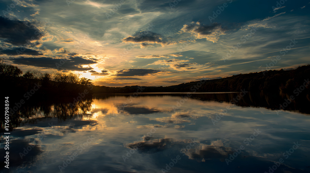 Fototapeta premium Beautiful sunset over calm lake with colorful clouds and reflections, creating a picturesque evening scene
