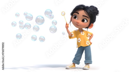 Young Girl Blowing Bubbles in Colorful Summer Outfit with Joyful Expression