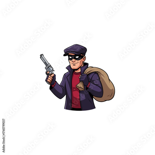 Cartoon robber with a gun and a bag of loot