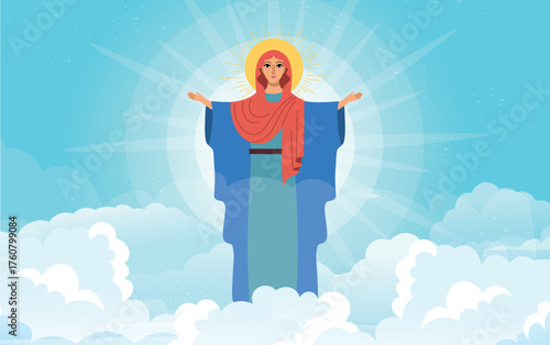 Holy Virgin Mary icon vector. Beautiful Virgin Mary icon on a blue background with clouds.