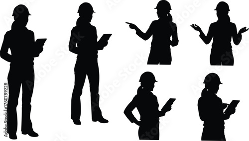Silhouette vector illustration of construction engineer wearing hard hat using tablet, pointing, gesturing, professional inspection, teamwork, safety, labor, building, industry