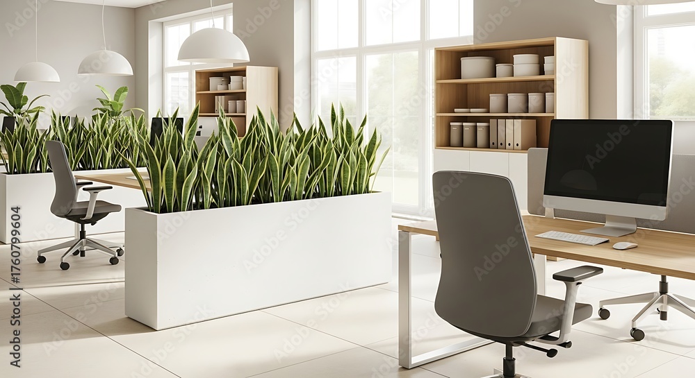Fototapeta premium Modern Office Interior with Lush Green Plants and Natural Light.
