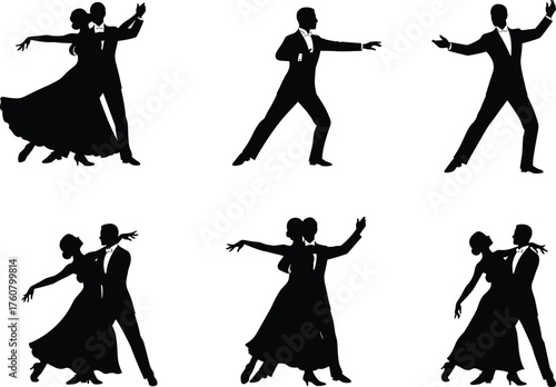 Ballroom dance silhouette, elegant couple dancing, tango pose, waltz movement, formal attire, romantic performance, graceful motion, partner choreography, dance illustration, vector art