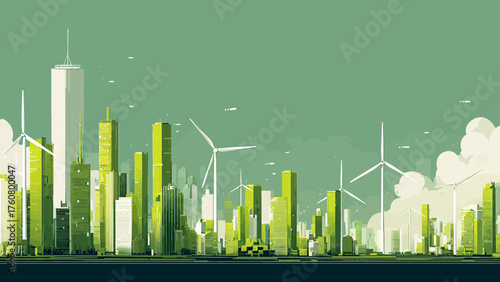 Green Sustainable Cityscape with Skyscrapers and Wind Turbines