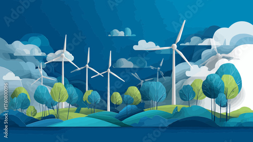 Wind Turbines in Green Landscape Under Blue Sky with Clouds