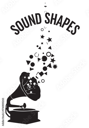 Vintage gramophone emitting musical notes and shapes a striking silhouette