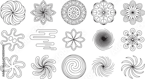 Collection of black line art abstract floral and spiral designs