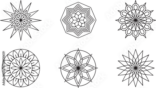 Six black line art mandalas on white background geometric