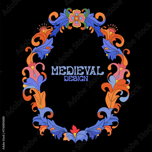 Elegant graphic frame with ornate intertwining branches and flowers, vector in a medieval ornamental style