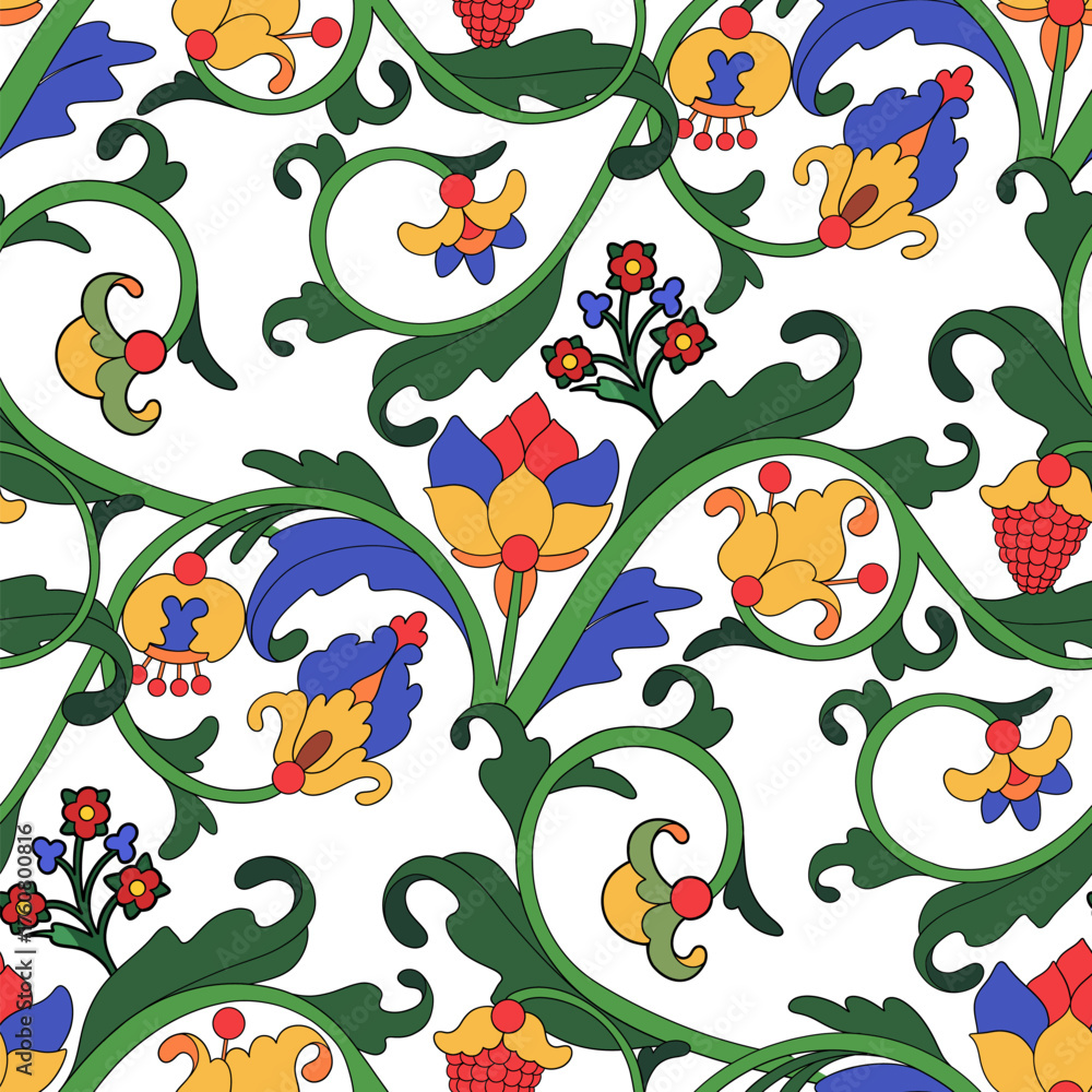 Fototapeta premium Seamless graphic pattern with circular branches, curly leaves, and flowers, inspired by medieval botanical ornaments.