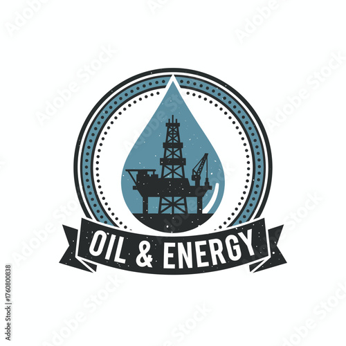 Vintage Oil Rig Energy Drop Vector Emblem