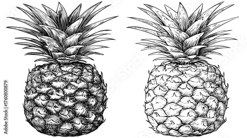 Hand Drawn Pineapple Sketch Illustration Set. Detailed Vintage Engraving Style Tropical Fruit for Design Elements.