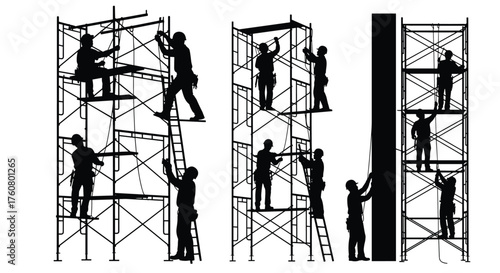 Silhouette vector illustration of construction workers assembling scaffolding structures with ladders, teamwork, safety, labor, building, repair, maintenance, and industry
