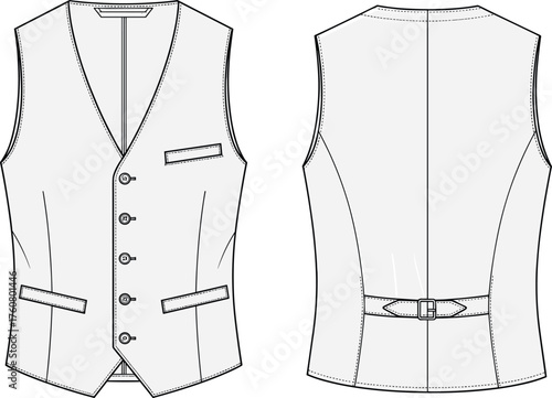 Men waistcoat, vest front view, back view, fashion sketch, technical drawing, tailoring design, apparel illustration, garment construction, clothing pattern, formal wear
